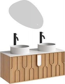 Wiszaca szafka łazienkowa teksturowana z podwójną okrągłą umywalką nablatową prążkowaną, baterią i lustrem - Jasny naturalny - szer. 120 cm - MERKAN