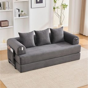 Sofa 3-osobowa rozkładana - 200 x 94 x 67 cm - z kieszeniami bocznymi + 3 poduszki - aksamit - ciemnoszary