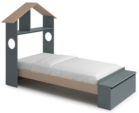 Łóżko dziecięce w dekorze sosny w kształcie domku ze schowkiem ze stelażem 90x190 cm w naturalnym kolorze/szarozielone Odessa – Marckeric
