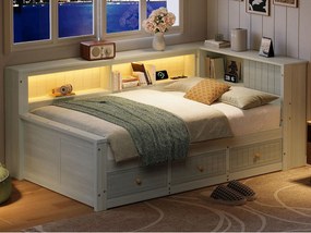 Kanapa rozkładana drewniana 90x200 cm - z oświetleniem LED - 3 szuflady - Półki do przechowywania - MDF - Szary​ (materac nie jest wliczony w cenę)