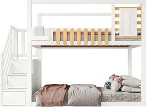 Łóżko piętrowe 90x200 cm - z drabinką i zjeżdżalnią - białe i naturalne drewno - materac nie jest wliczony w cenę