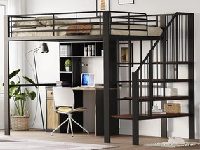 Łóżko mezzanine 140x200cm z metalu - z półkami i drabiną bezpieczeństwa - Czarny (materac nie jest w zestawie)