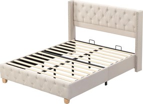 Łóżko dwuosobowe tapicerowane lnem - 180x200 cm - z stelażem na listwach - Beżowe