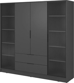 Szafa czterodrzwiowa 200 cm Kalma 4DRD z szybami, dwie szuflady - nowoczesna szafa otwierana - grafit