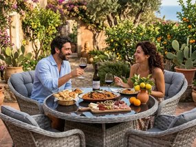 Zestaw mebli stołowych technorattan (4 fotele + okrągły stół) MODERNO jasno szary