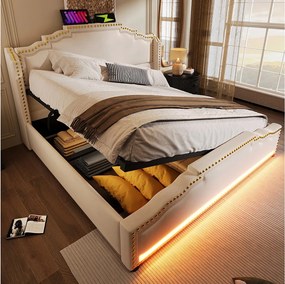 Łóżko tapicerowane podwójne ze schowkiem - 160 x 200 cm - z diodami LED + USB-C - aksamitne - beżowe