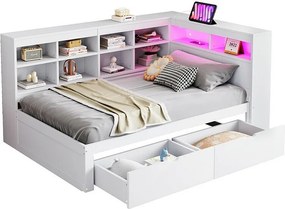 Łóżko-sofa z litego drewna 90 x 200 cm - z schowkiem - z USB - z oświetleniem LED + z gniazdkiem - białe (bez materaca)