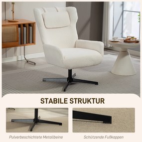 HOMCOM Fotel akcentowy, tapicerowany fotel z powłoką fleece, obrotowy, metalowa rama, kremowy