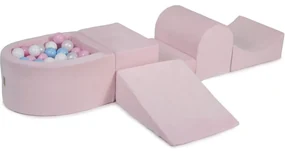 Piankowy Zestaw Do Zabawy Z Suchym Basenem 57x45x30cm/100 Piłek 7cm, Plac Zabaw Dla Dziecka, 5 Elementów, Welurowy, Jasnoróżowy, Piłki: Biała Perła, Białe, Błękitne, Pastelowy Róż - Meowbaby®