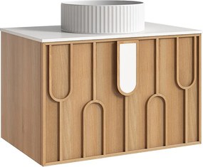 Wiszaca szafka łazienkowa teksturowana z okrągłą, prążkowaną umywalką nablatową - Jasny naturalny - szer. 75 cm - MERKAN