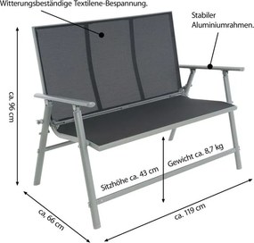 Ławka ogrodowa aluminiowa, 2-osobowa, 119 cm, szara