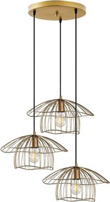 Druciana lampa wisząca ze złotego metalu - 3 abażury - wys. 110 x szer. 68 cm - LOREVI