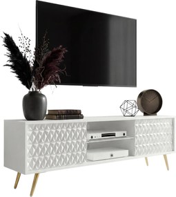 Biała ryflowana szafka RTV na złotych nóżkach 135 cm E7-F47