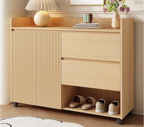 Mobilna szafa na buty 110×35×86 cm - z kółkami obrotowymi - 2 drzwi i 2 szuflady - regulowane półki - MDF - naturalny