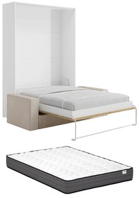 Łóżko chowane w szafie 160 x 200 cm - Ręczne otwieranie pionowe - Kolor: Naturalny i biały + Materac + kanapa - BEGANIO