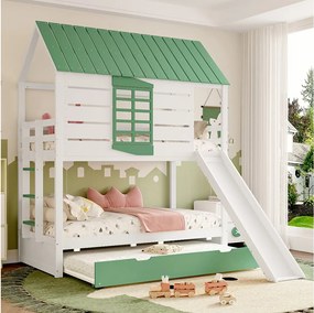Łóżko piętrowe dla dzieci - 2 x 90 x 200 cm + 90 x 190 cm - ze zjeżdżalnią + łóżko wysuwane - MDF + sosna - zielony