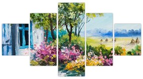 Obraz ogrodu przed domem, obraz olejny (125x70 cm)