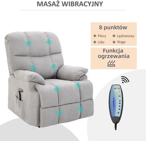 HOMCOM Fotel do masażu z funkcją wstawania i ogrzewania regulowany kąt nachylenia z pilotem szary pluszowy | Aosom PL