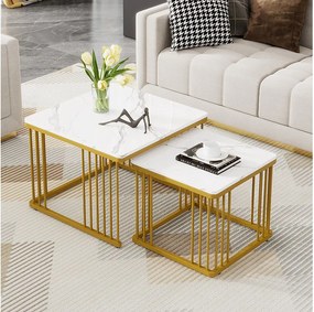 Zestaw 2 kwadratowych stolików kawowych z połyskującym efektem marmuru - 60 x 60 x 45 cm + 45 x 45 x 40 cm - MDF - Biały