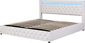 Łóżko z tapicerowanym zagłówkiem z ekoskóry z LED - 180x200cm - z stelażem na listwach - Białe