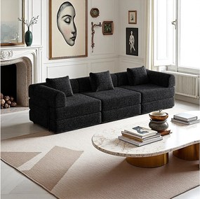 Sofa 3-osobowa, Sofa rozkładana z podłokietnikami i kieszeniami bocznymi, metalowa rama - Czarny szenil