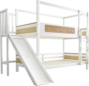 Łóżko piętrowe dziecięce 90x200 cm - z barierkami bezpieczeństwa - ze zjeżdżalnią - biały + kolor naturalny (materac nie jest wliczony w cenę)