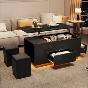 Stolik kawowy LED z regulowanym blatem, 2 szufladami i 2 stołkami – Czarny