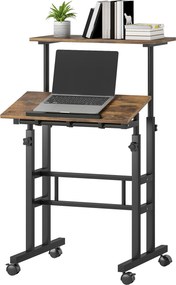 HOMCOM Biurko regulowane wysokości z półką, kółkami, biurko komputerowe Rustykalny-Brąz 60 x 60 x 70,5-120 cm