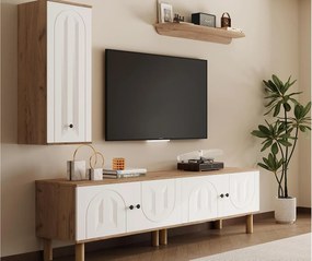 Zestaw ścienny pod TV 3-częściowy - Szafa pod TV, witryna i półka - 5 drzwi - Nogi z litego drewna - Biały + naturalny