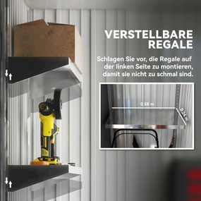 Outsunny Szopa ogrodowa, zewnętrzna szopa z blachy falistej, design ścian, regulowane półki, zamykane drzwi ciemnoszary