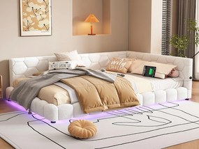 Łóżko banquette 140x200cm z weluru - z LED i portem USB - Białe