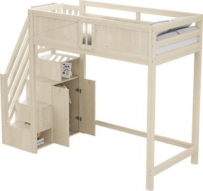 Łóżko piętrowe dla dzieci - 90 x 200 cm - ze schodami do przechowywania + okno + szafa - drewno + płyta MDF - naturalne