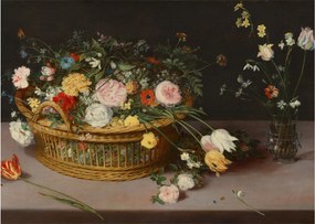 Obraz na szkle - Jan Brueghel the Elder, Flowers in a Basket and a Vase, reprodukcje (70x50 cm)