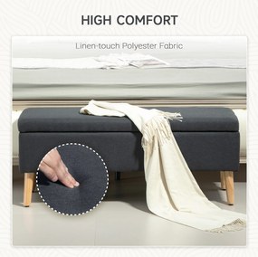 HOMCOM Ławka Tapicerowana z Schowkiem, Siedzisko Bankowe w Wyglądzie Lnu, Drewno Kauczukowe, 110 x 39 x 45 cm, Ciemnoszare