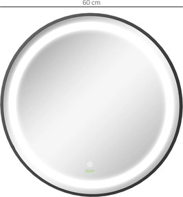 kleankin Lustro Łazienkowe z Oświetleniem LED, Regulowana Jasność, 3 Kolory Światła, Metalowa Rama, Ø60 cm, Czarne