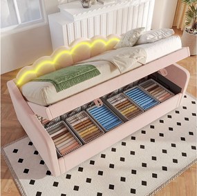 łóżko z pojemnikiem - 90 x 200 cm - sofa rozkładana z LED-ami - bez materaca - aksamit + MDF - różowy