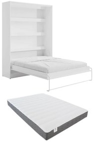 Łóżko chowane w szafie 160 × 200 cm – Otwieranie pionowe manualne – Oświetlenie LED – Białe + Materac – RAPILI