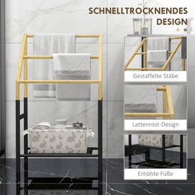 HOMCOM Uchwyt na Ręczniki, Wolnostojący, 3 Pręty, 51x31x85,5cm, Czarny/Drewno naturalne