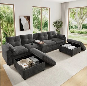 Narożnik z odwracalnym szezlongiem, schowkiem, portami USB i podłokietnikami z kieszeniami - Materiał - 230 x 160 x 85 cm - Szary
