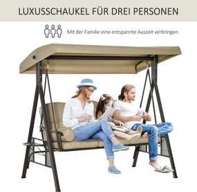 Outsunny huśtawka ogrodowa 3osobowa z daszkiem przeciwsłonecznym poduszka metal poliester khaki 116x206x183cm | Aosom PL