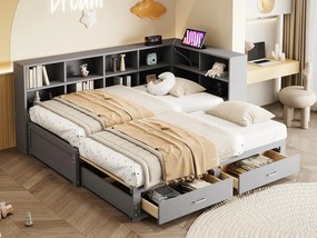 Kanapa rozkładana z litego drewna 90x190 cm - z łóżkiem wysuwanym - z przegródką do przechowywania - z 2 szufladami - szary