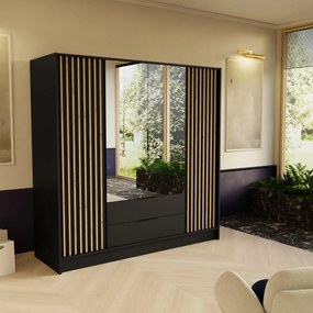 Szafa PELOR - Czarny / Front Czarny / Z lustrem / 200 cm