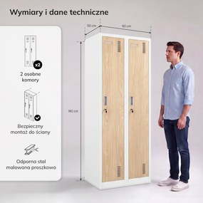 Szafka pracownicza dwukomorowa biała / dąb sonoma: Eco Design KACPER II, 600 x 1800 x 500 mm 