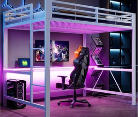 Łóżko na antresoli metalowe 140x200cm - z biurkiem - z oświetleniem LED i portem ładowania USB - Biały​ (bez materaca)
