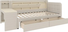 Sofa rozkładana 90x200 cm, beżowy len, łóżko dla dorosłych z biurkiem i 2 szufladami, port USB - bez materaca