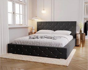 Emporius Solar łóżko tapicerowane 180x200 cm - eleganckie łóżko w stylu glamour - kryształki, pojemnik i stelaż, tkanina aksamitna, czarny (Magic Velvet 2219)