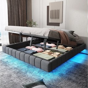 Łóżko tapicerowane dwuosobowe ze schowkiem - 180 x 200 cm - bez wezgłowia + diody LED - Tkanina lniana - Szare