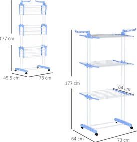 HOMCOM Suszarka na Ubrania na Kółkach 4 Poziomy Stal Niebiesko Biała 73x64x177cm | Aosom PL