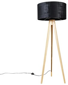 Lampa podłogowa drewniana z abażurem z tkaniny czarnym 50 cm - Tripod Classic Nowoczesny Oswietlenie wewnetrzne