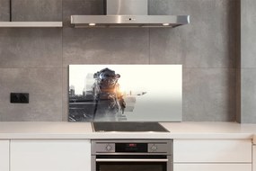 Szkło do Kuchni na Ścianę Postać na tle Panoramy Miasta